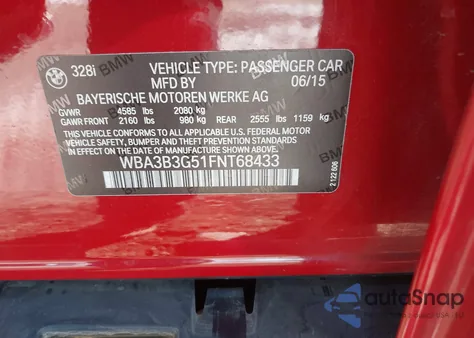 2015 BMW 328I xDrive из США, поврежденный, VIN WBA3B3G51FNT68433